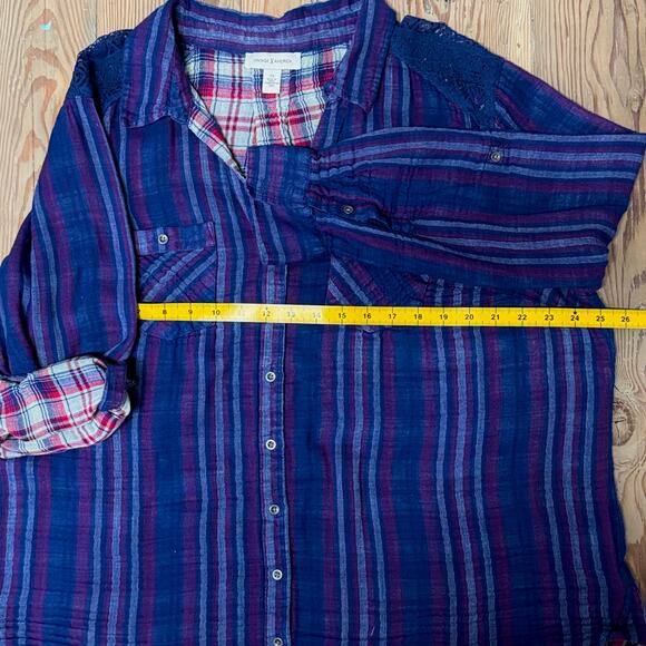 Vintage America 2X Plaid Stripe Button Shirt – Crochet Shoulder, Made in India - Picture 5 of 9